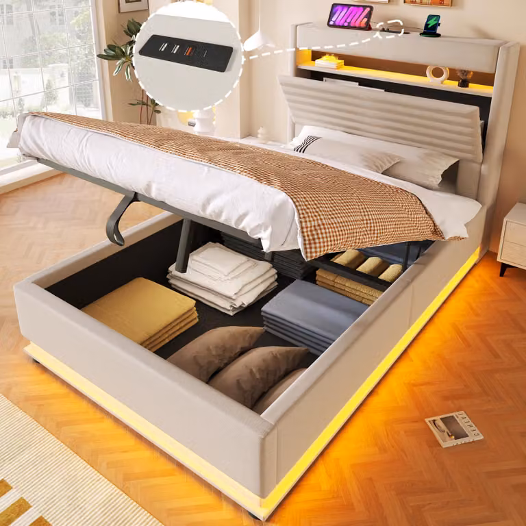 Łóżko tapicerowane z funkcją ładowania USB typu C, oświetleniem LED, hydraulicznym systemem regulacji, podnoszoną półką do przechowywania, bez materaca, sterowanie przyciskiem/aplikacją, pościel, 90 x 200 cm, beżowe