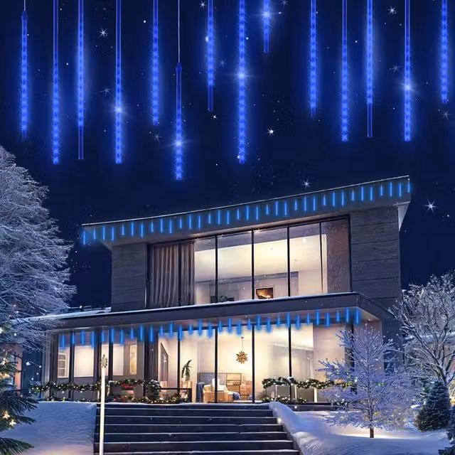 Niebieskie lampki choinkowe LED monzana® efekt deszczu meteorów i sople, biało-niebieskie