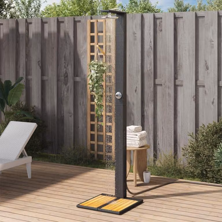 Tuindouche - Prysznic zewnętrzny. Kolumna prysznicowa - Relaks na świeżym powietrzu. Materiał: sztuczny rattan, drewno akacjowe. Wymiary: 50x55x224 cm. Kolor: czarny