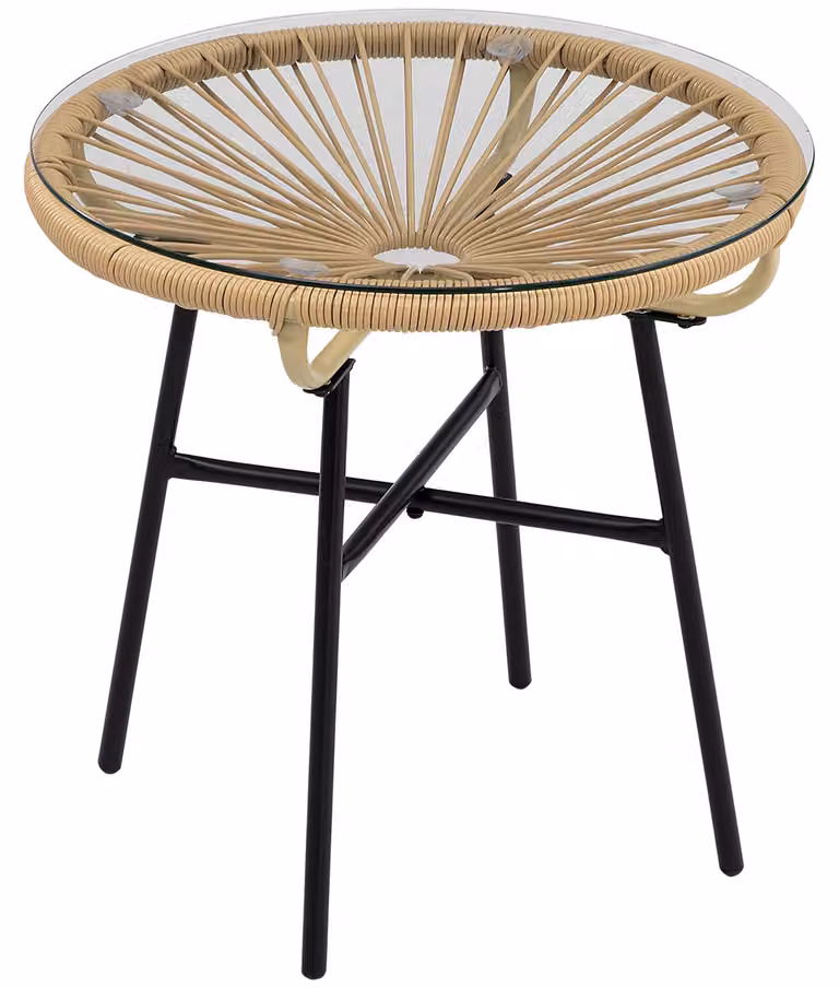 Stolik ogrodowy w stylu boho, PE-Rattan, hartowane szkło, odporny na warunki atmosferyczne, 50 cm x 50 cm x 50 cm, Beżowy