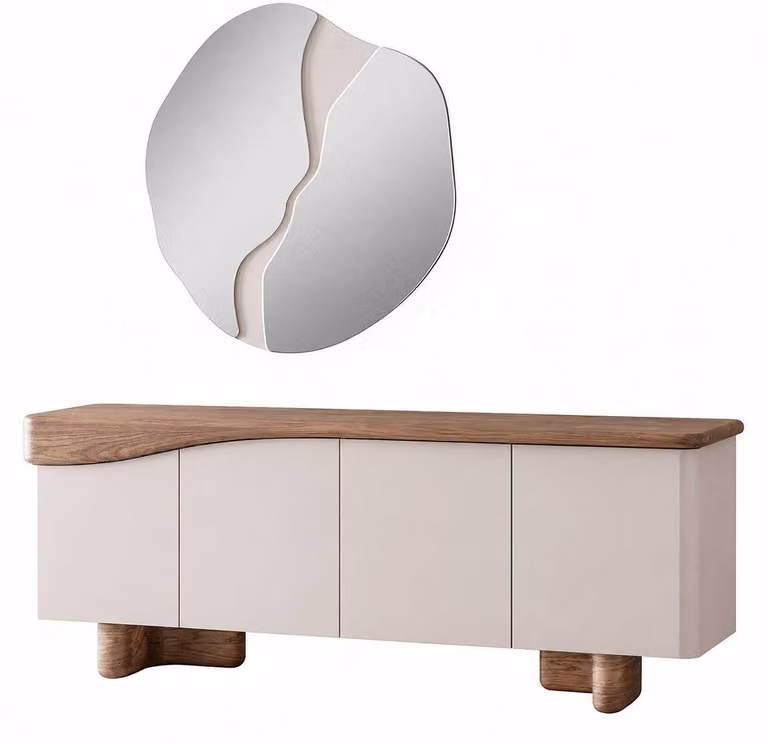 Komplet mebli do jadalni, witryna z lustrem, wykonane w całości z drewna, design