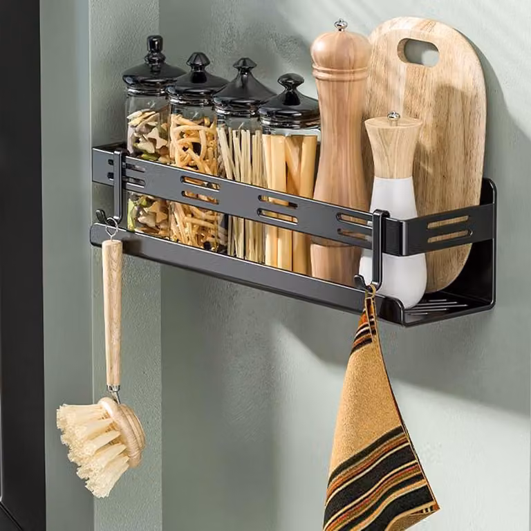 Półka ścienna do kuchni – organizer – do przechowywania w kuchni – montaż bez wiercenia – 40 cm – czarna