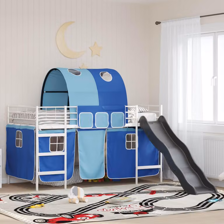 Maison Exclusive - Łóżko piętrowe dla dzieci z zasłonami, białe i niebieskie, wymiary 100 x 200 cm