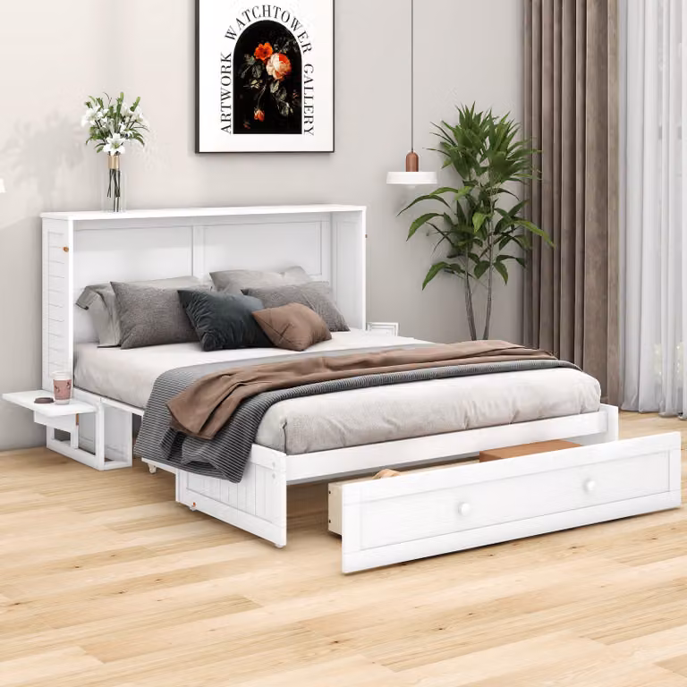 Łóżko Murphy 140x200, białe – z szufladami i półkami, wykonane z drewna sosnowego i MDF, udźwig 204 kg, oszczędza miejsce, stabilne i trwałe