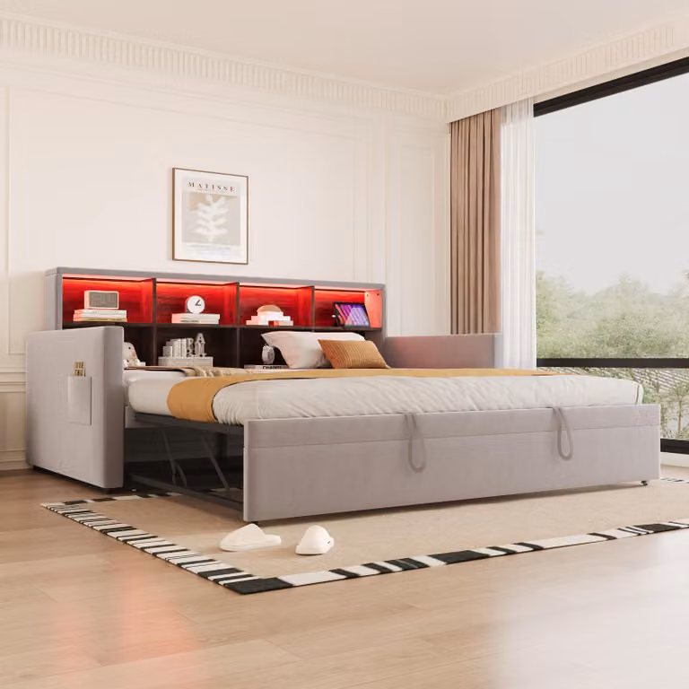 Sofa rozkładana o wymiarach 90x190 cm z funkcją łóżka, oświetleniem LED, portami USB i typu C, zagłówkiem z miejscem do przechowywania, tapicerowana aksamitem, z elastycznym stelażem, w jasnoszarym kolorze