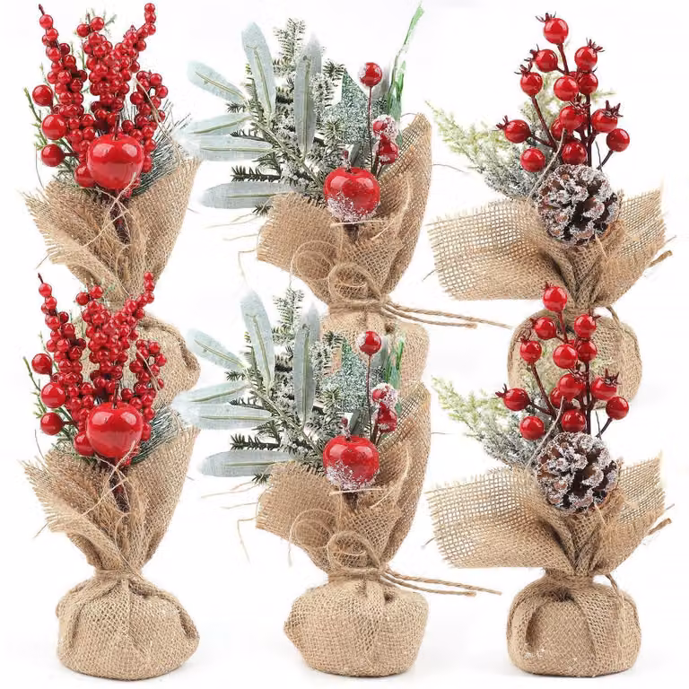 Miniaturowe choinki świąteczne, dekoracje stołowe, sztuczne, zestaw 6 sztuk, wysokość 25 cm, z drewnianą podstawką