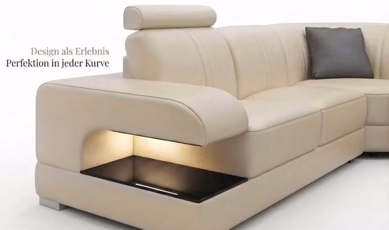 Nowoczesna, beżowa sofa modułowa w kształcie litery "U" z kompletem stolików kawowych. Projektowane meble