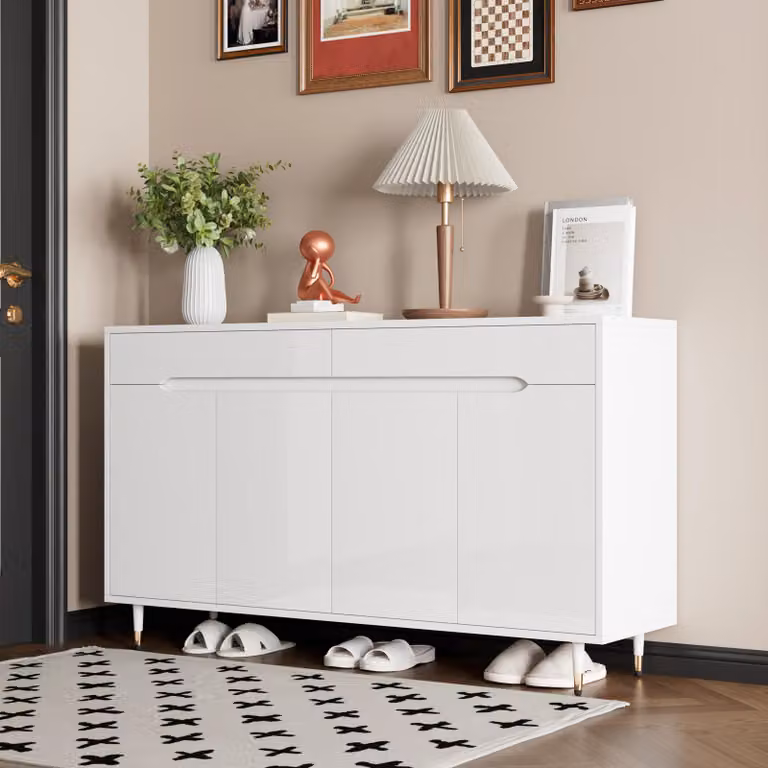 Merax szafka na buty z 2 drzwiami i 2 szufladami 140 cm, półka na buty z regulowanymi półkami, miękkie zamykanie, zabezpieczenie przed przewróceniem, biało-złota