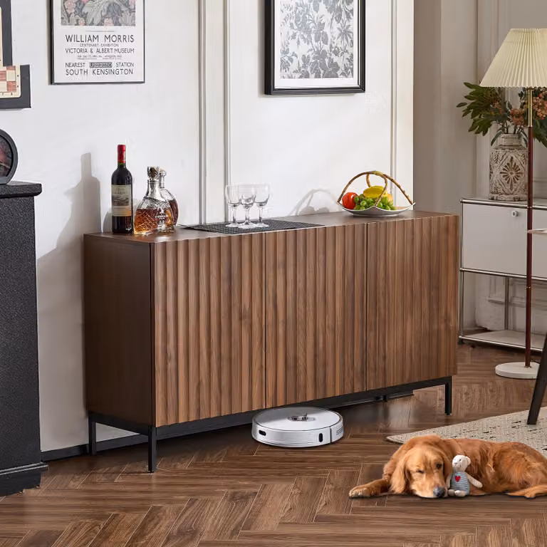 Kredens Merax 150 cm z 3 drzwiczkami w kształcie fali 3D, szafka kuchenna w stylu Mid-Century Modern, bufet z regulowanymi półkami do kuchni, ciemny dąb