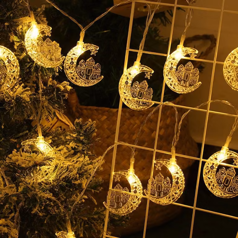 Świąteczna girlanda na Ramadan, 3 metry, 20 diod LED, motyw: księżyc i gwiazda, światło ciepłej bieli