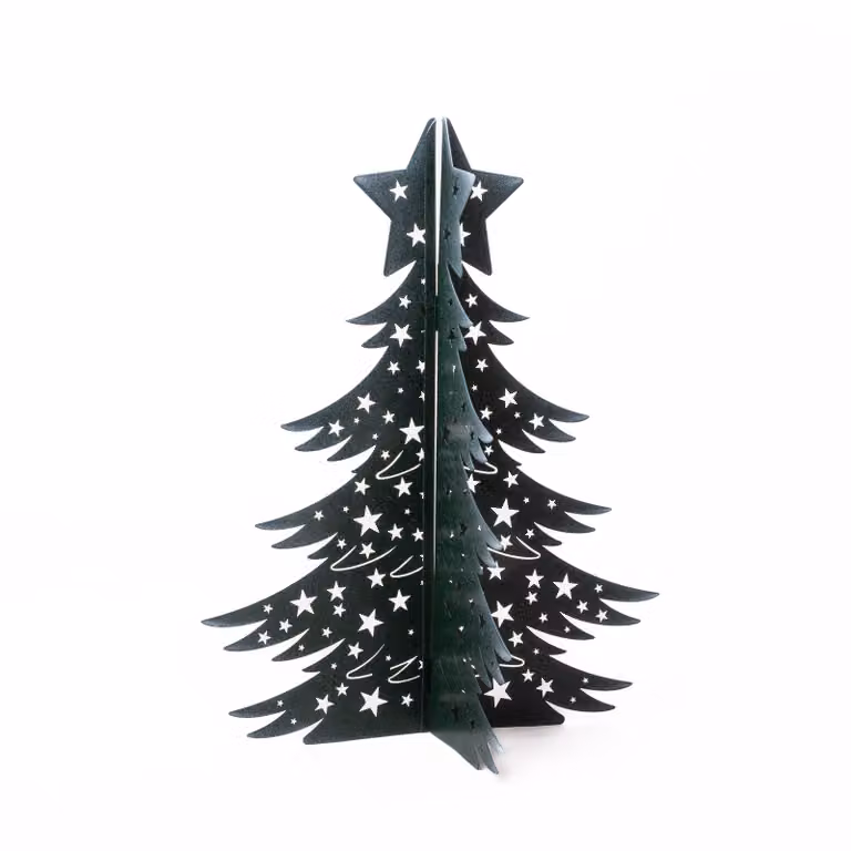 choinka 3D wykonana ze stali malowanej proszkowo H54 cm - Składana metalowa dekoracja z zawiasami, czarna z brokatem