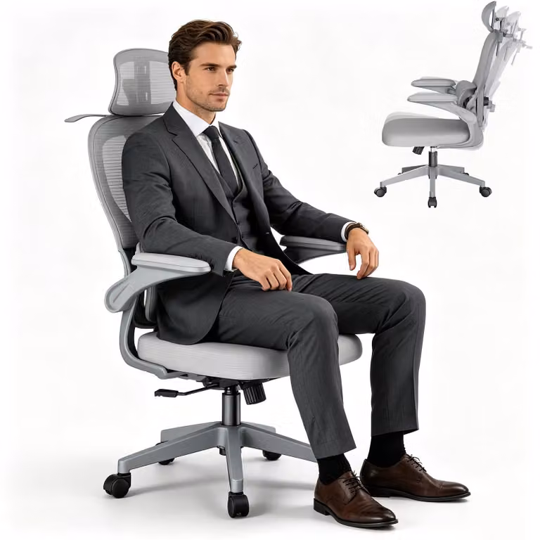 UISEBRT Ergonomiczne krzesło biurowe w kolorze szarym, krzesło z siatkowym obiciem i wieszakiem na ubrania, regulowanym podparciem lędźwiowym 2D, pochyleniem 125°, krzesło do domowego biura z regulacją wysokości, nośność do 150 kg