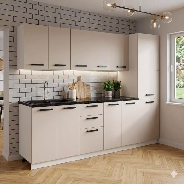 ULWEHOME Meble kuchenne Zestaw mebli kuchennych Kuchnia Milan 260cm Słupek gospodarczy | szafka • regał • blat • słup magazynowy | Kaszmir 2,6 m