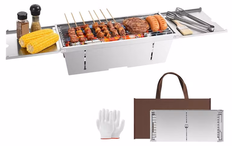 Grill składany - Stal nierdzewna - 88,5 x 21,5 x 15 cm - Grill węglowy, grill ogrodowy - Na taras, balkon i kemping