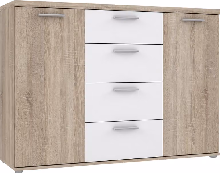 Kredens >WINNIE< 4 szuflady, 2 drzwi, biały / dekor dąb sonoma - 129,6x93x38cm (szer./wys./gł.)