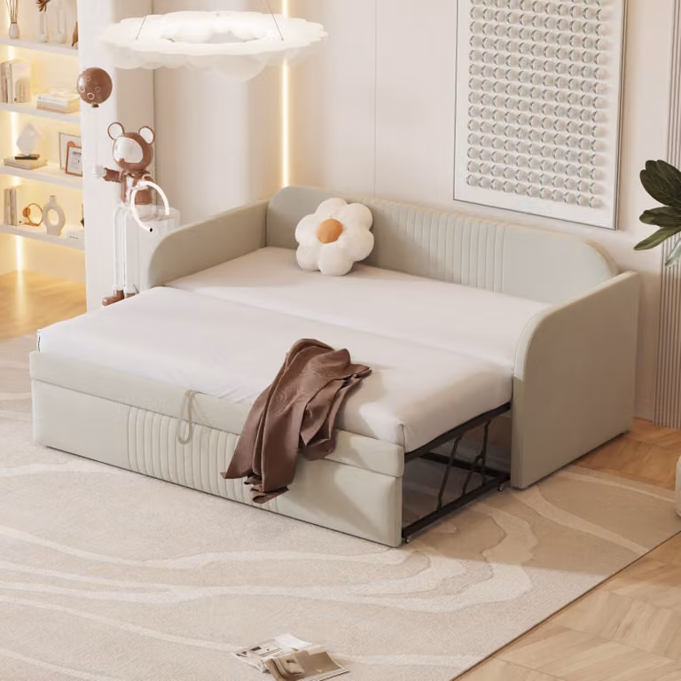 Łóżko rozkładane Merax 90x190cm/180x190cm, rozkładana sofa z listwowym stelażem i podłokietnikami, łóżko tapicerowane lnem, rozkładana sofa dla dzieci, beżowa
