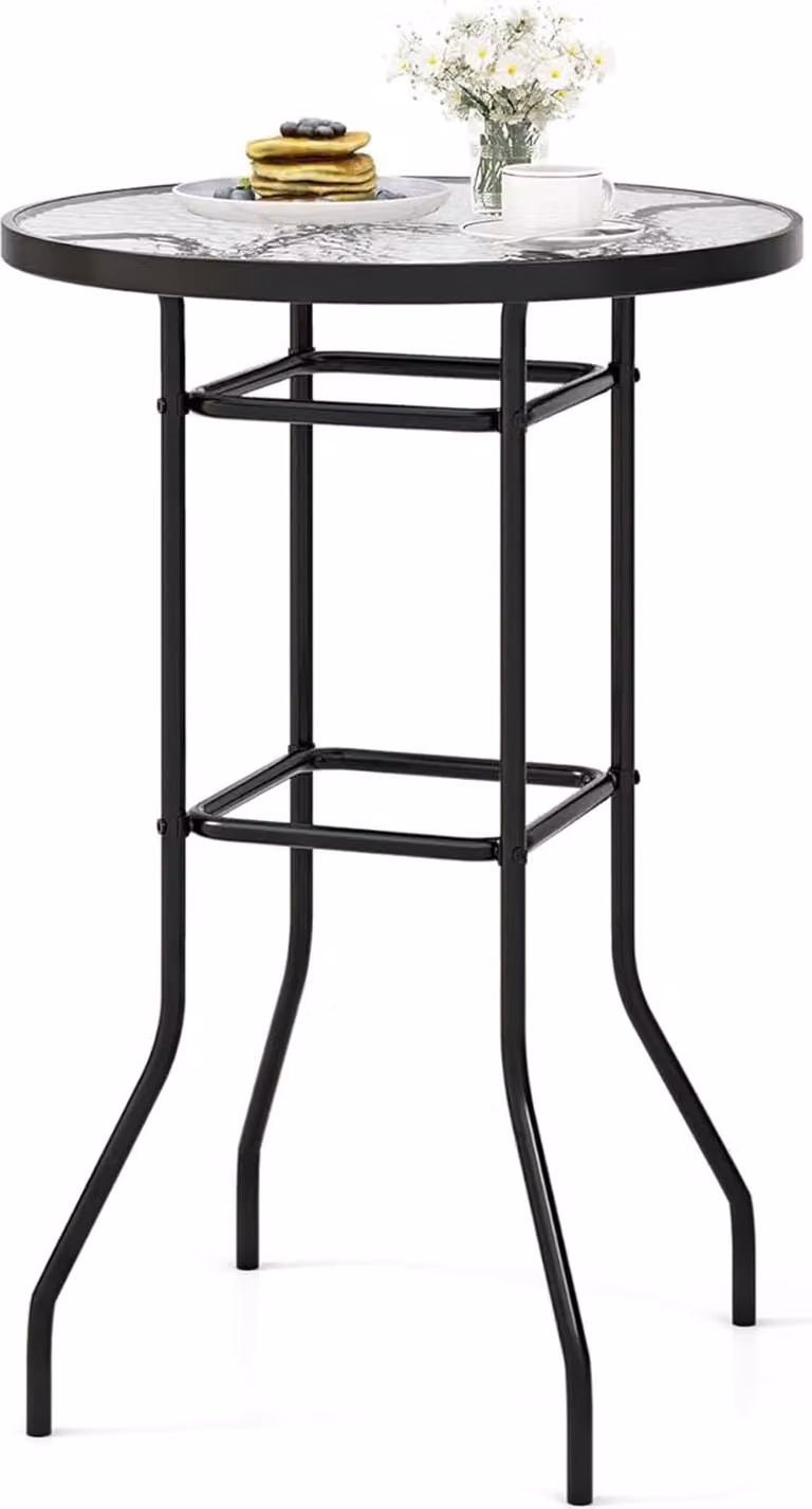 Okrągły stolik tarasowy ze szklanym blatem, stolik bistro 68 x 68 cm z wytrzymałą metalową ramą, stolik boczny z blatem ze szkła ryflowanego