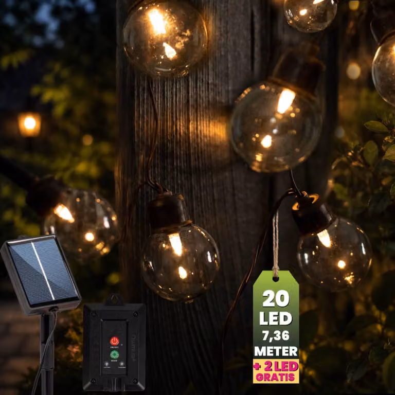 LUMILED Łańcuch świetlny na zewnątrz, 7 m, 20 diod LED + 2 zapasowe żarówki, dekoracyjne żarówki, IP44, odporny na rozpryski wody, odporny na warunki atmosferyczne, 8 trybów pracy, ciepła biel 3000 K, oświetlenie dekoracyjne do ogrodu, tarasu, balkonu i n