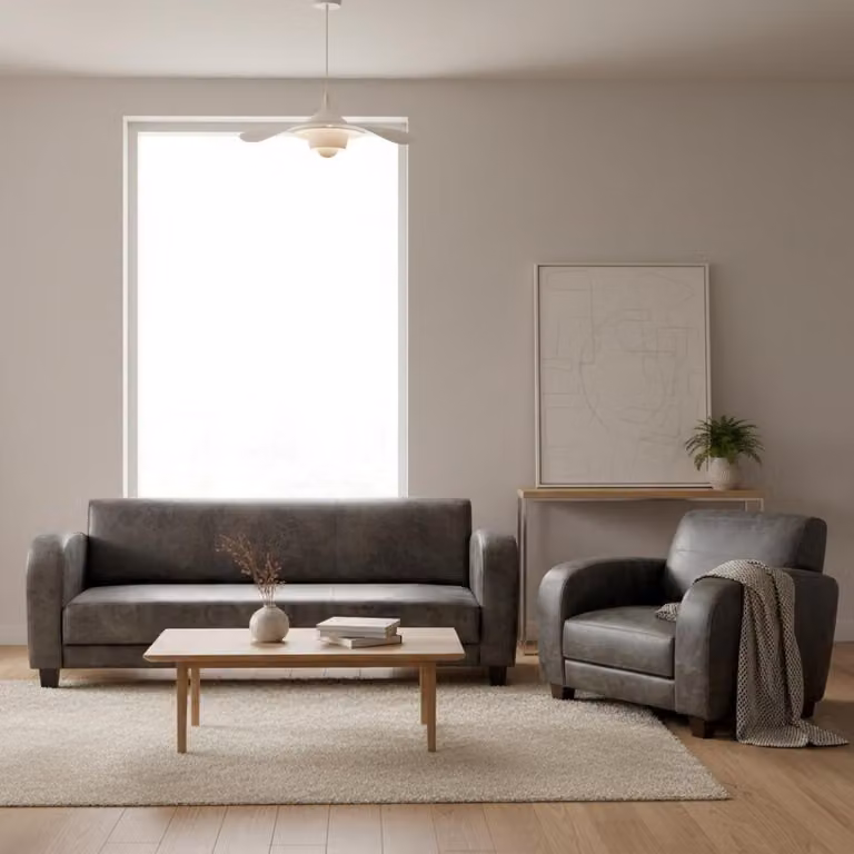 Brązowy zestaw do salonu: sofa 3-osobowa, sofa 1-osobowa, skórzana sofa i fotel – zestaw