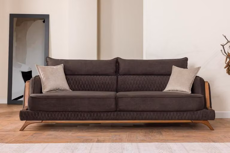 Dunkelbraun 3-Sitzer Sofa Stoffbezug Holzdetails Retro Skandi Stil Wohnzimmer
