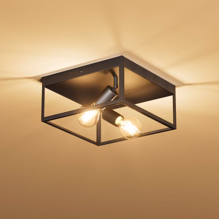 Czarna lampa sufitowa, 2 źródła światła, gwint E27, styl industrialny, wymiary: 29x29x14 cm
