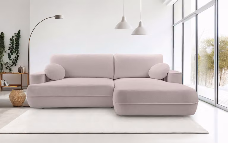 DomoHome Sofa narożna FUEGO 260x168 cm pudrowy róż, prawa strona z funkcją spania 140x240 cm, skandynawski design, sofa z pojemnikiem na pościel, tkanina Bubble, nowoczesna sofa do salonu