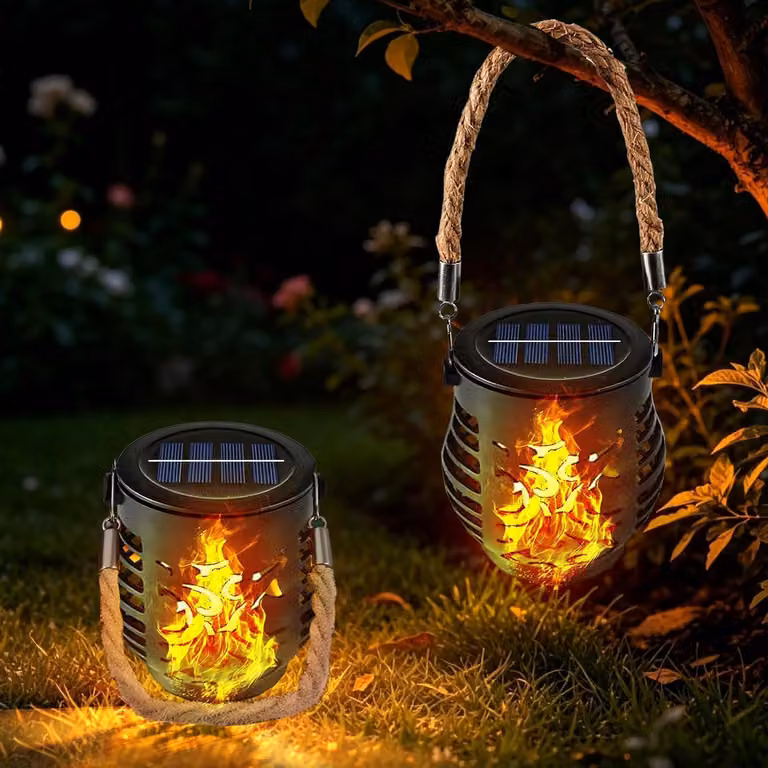 Lampy solarne – lampy wiszące – oświetlenie zewnętrzne do ogrodu – efekt migoczącego płomienia – 2 sztuki – czarne