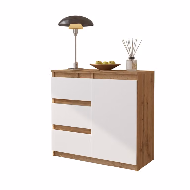 Komoda 80 Cm Dąb Wotan / Biały Mat 3 Szuflady, 1 Drzwi, 1 Półka Salon